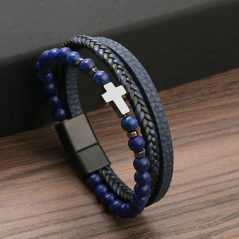 Pulseira *Cruz* Masculina Vintage Multicamadas – Couro, Pedra Olho de Tigre, Trançada e Ajustável
