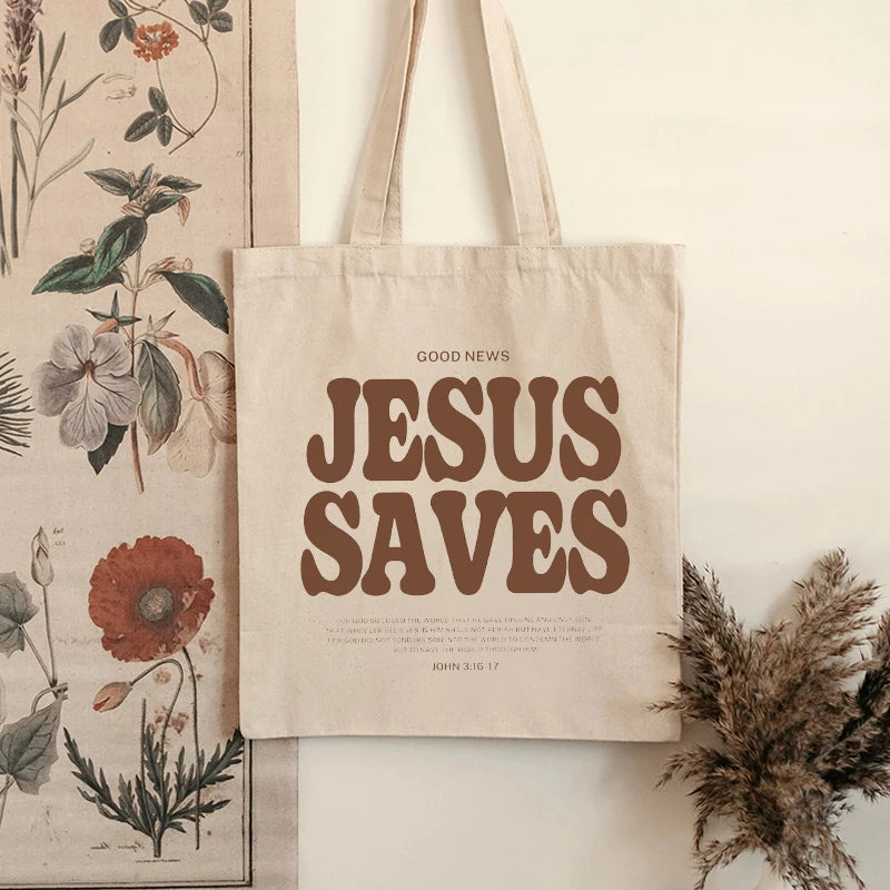 Bolsa Jesus Saves – Resistente, Estampa Cristã, Casual e Perfeita para Compras e Uso Diário