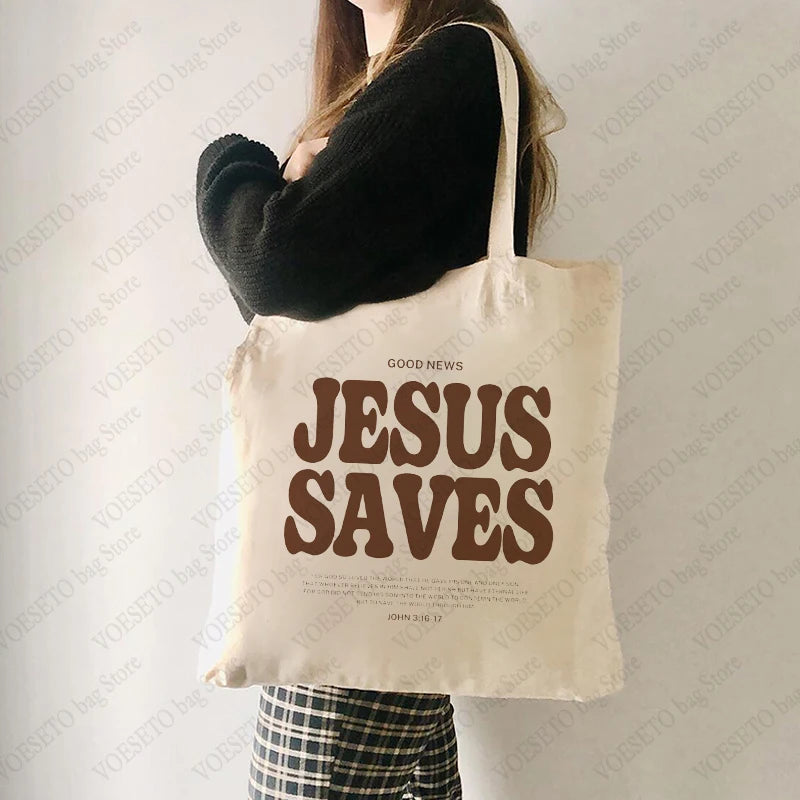 Bolsa Jesus Saves – Resistente, Estampa Cristã, Casual e Perfeita para Compras e Uso Diário