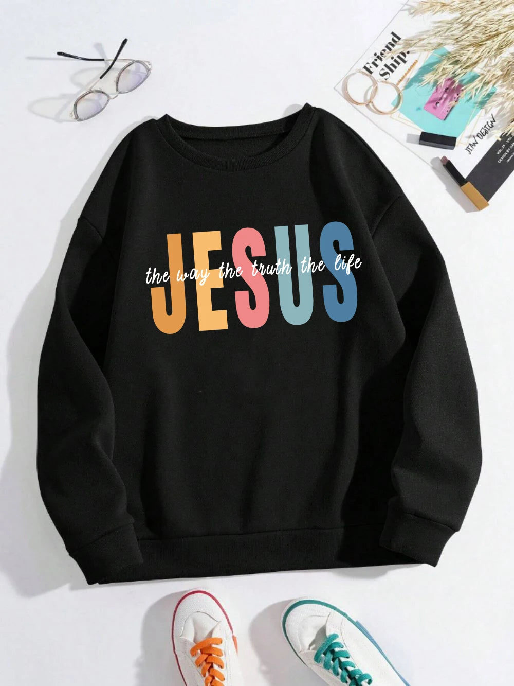 Moletom Feminino Jesus – Estampa Colorida Criativa, Felpado, Confortável, Estilo Streetwear Casual Outono/Inverno